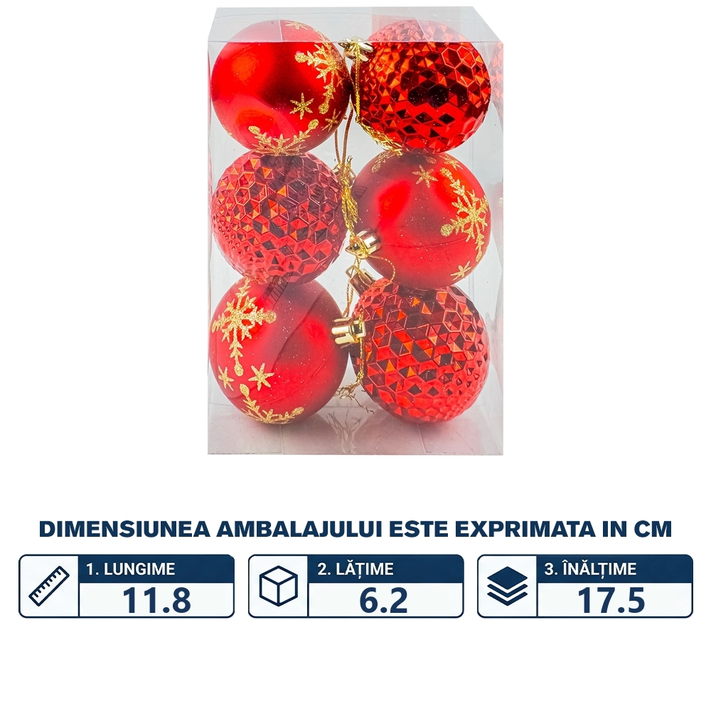 Globuri pom Craciun, Rosii, 6 buc/set - imagine 2