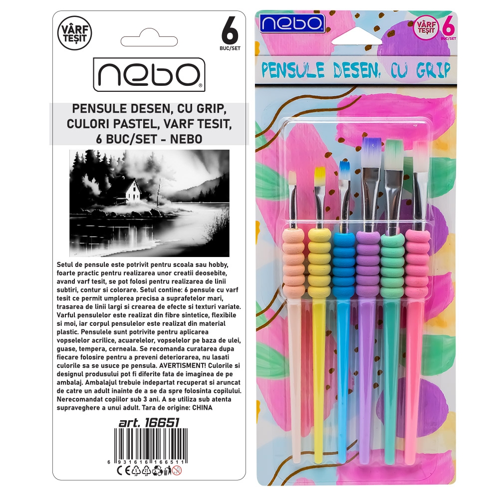 Pensule desen, cu grip, culori pastel, varf tesit, 6 buc/set - NEBO