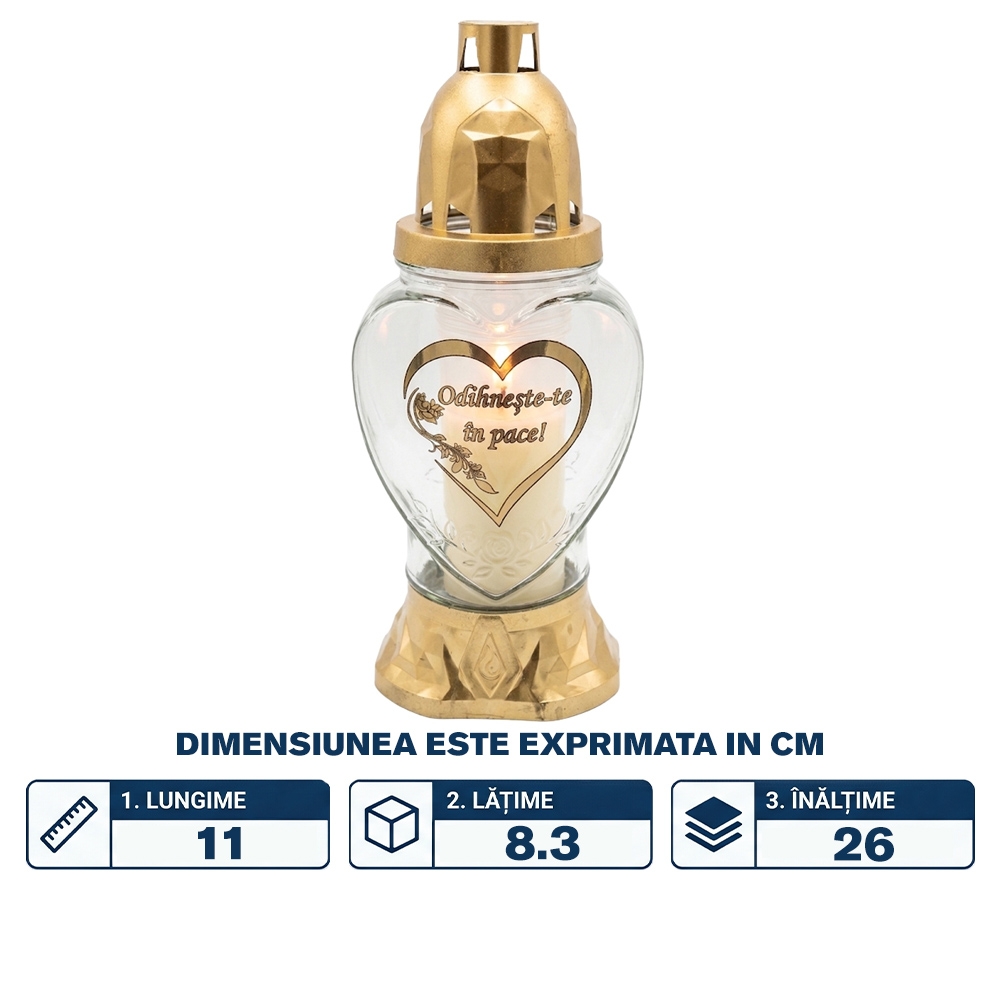 Candela sticla, forma inima, capac plastic auriu, 260mm, ~30h, 80 gr - imagine 2