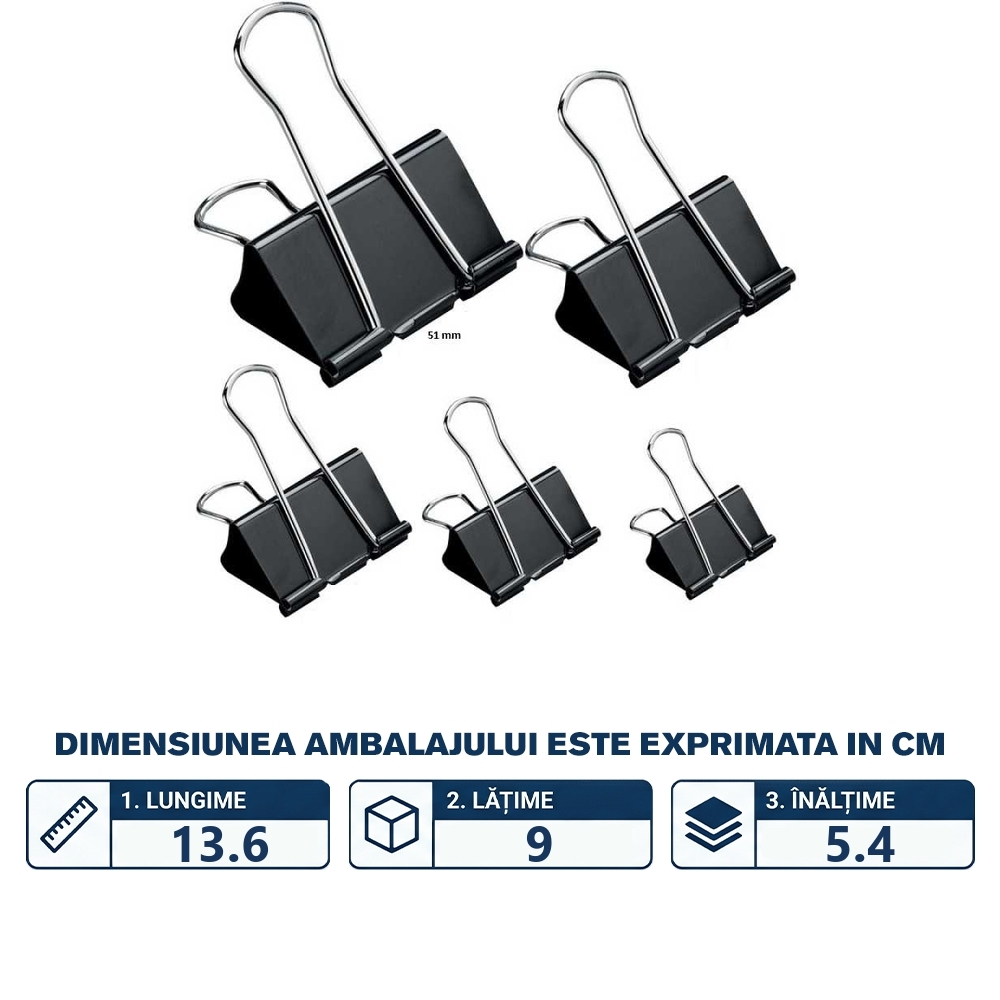 Clipsuri metalice, negre, 51mm, 12buc/set - OFFISHOP - imagine 2