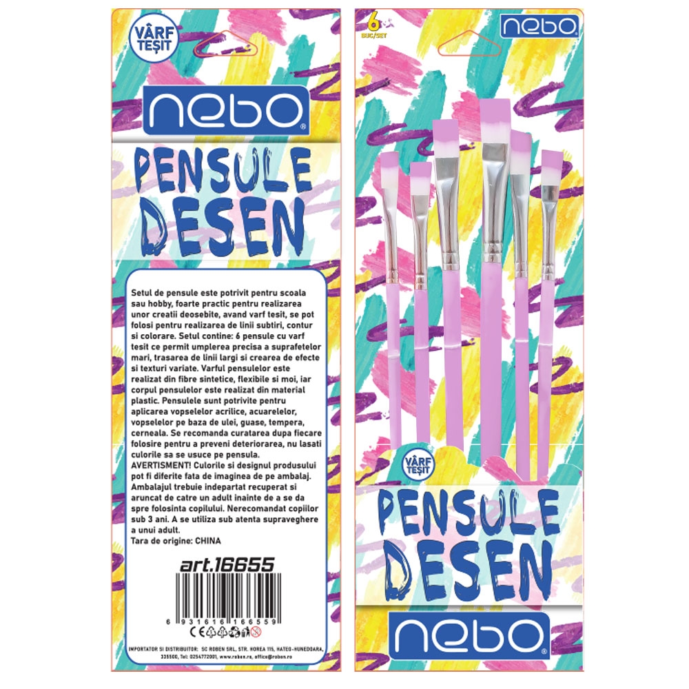 Pensule desen, culori pastel, varf tesit, 6 buc/set - NEBO - imagine 5