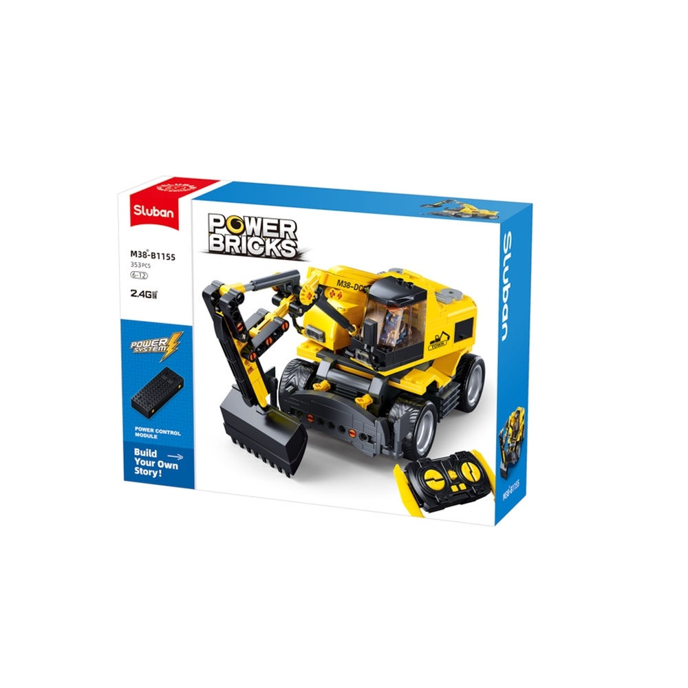Set de constructie Power bricks, 353 piese, Excavator cu roti, E7, cu RC - Sluban - imagine 3