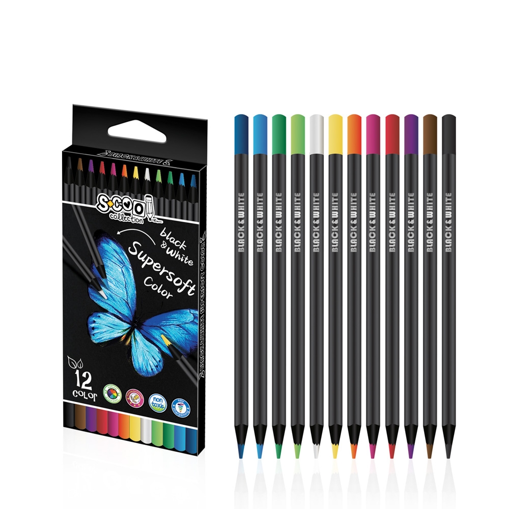 Creioane color super soft, lemn negru, 12 cul/set - S-COOL