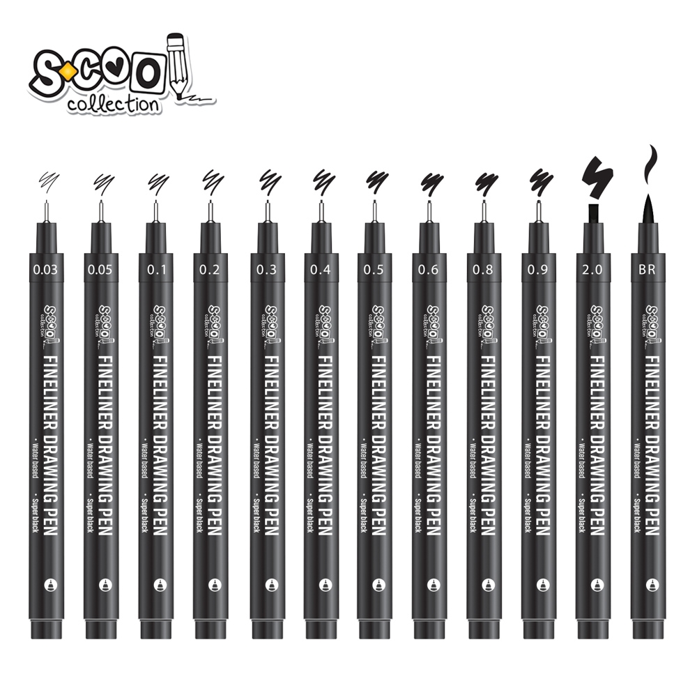 Fineliner, diferite dimensiuni 0.03-2 mm + varf tip pensula, 12 buc/set - S-COOL - imagine 3
