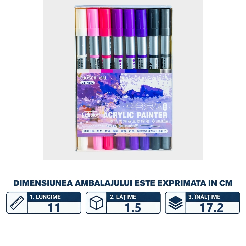 Markere acrilice, 2 capete, 8 culori/set - CHOSCH - imagine 2