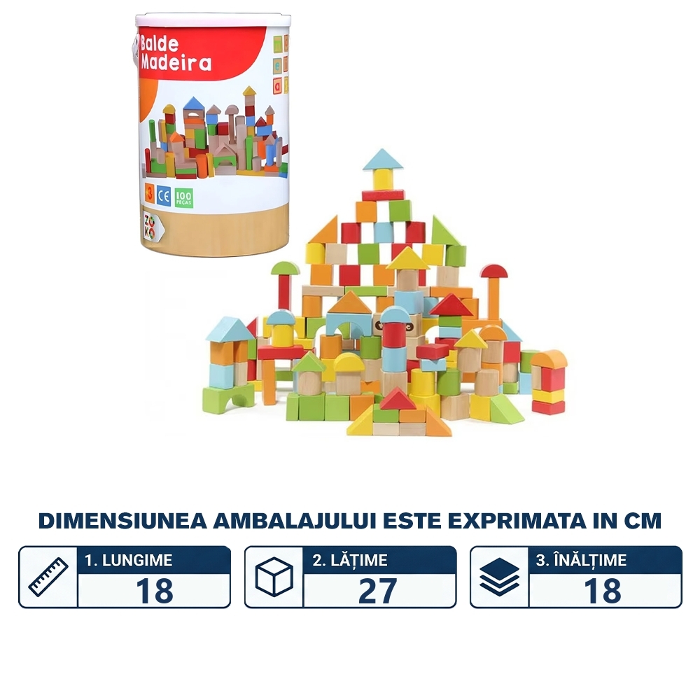 Cuburi din lemn, in galetusa, 100 piese/set - imagine 2