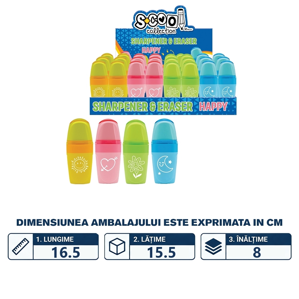 Ascutitoare cu container+radiera, Happy, 24 buc/display - S-COOL - imagine 2