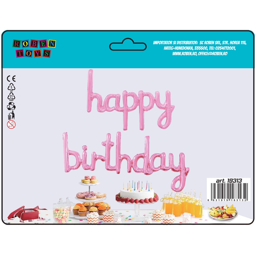 Baloane folie aluminiu, Happy Birthday, Roz, 2 buc/set