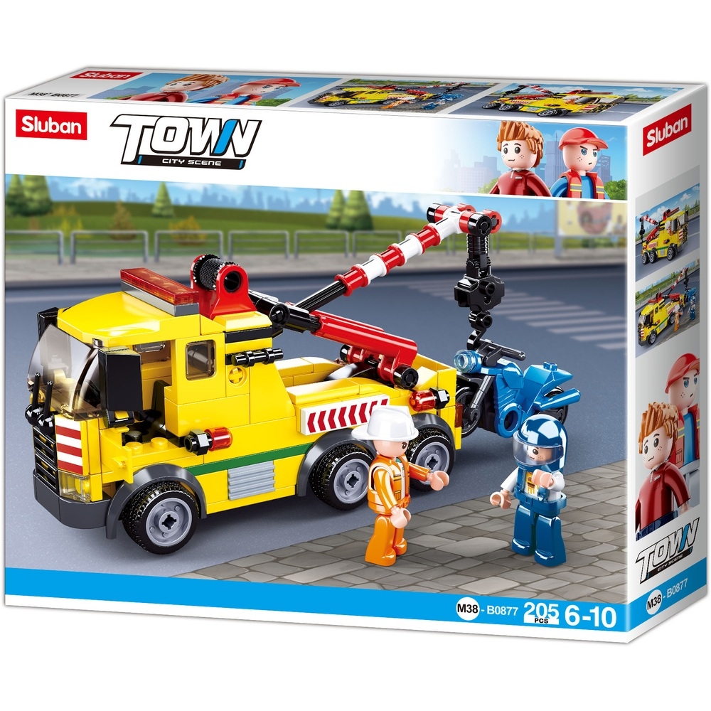 Set de constructie Town, 205 piese, Masina de tractare + motocicleta - Sluban