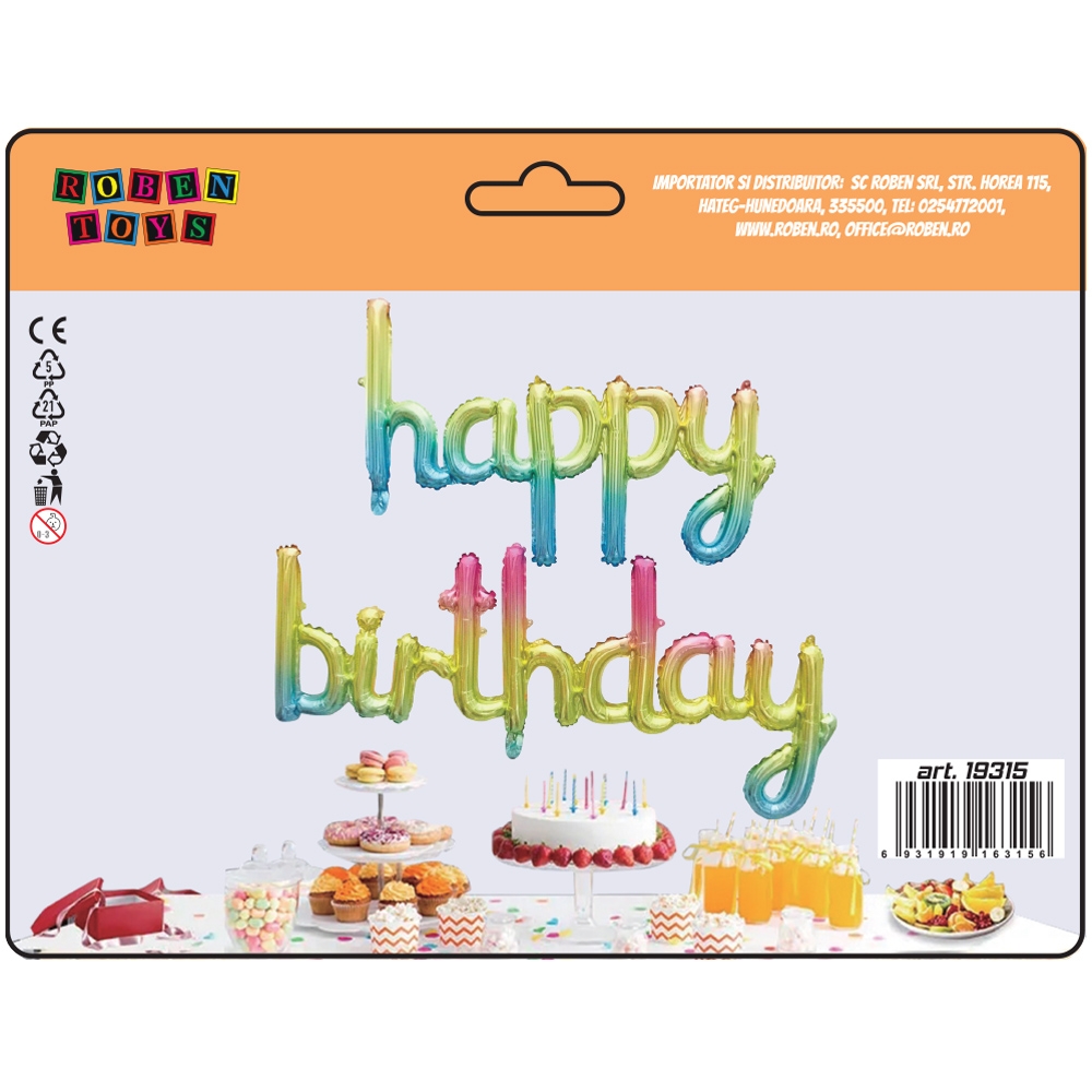 Baloane folie aluminiu, Happy Birthday, Multicolore, 2 buc/set