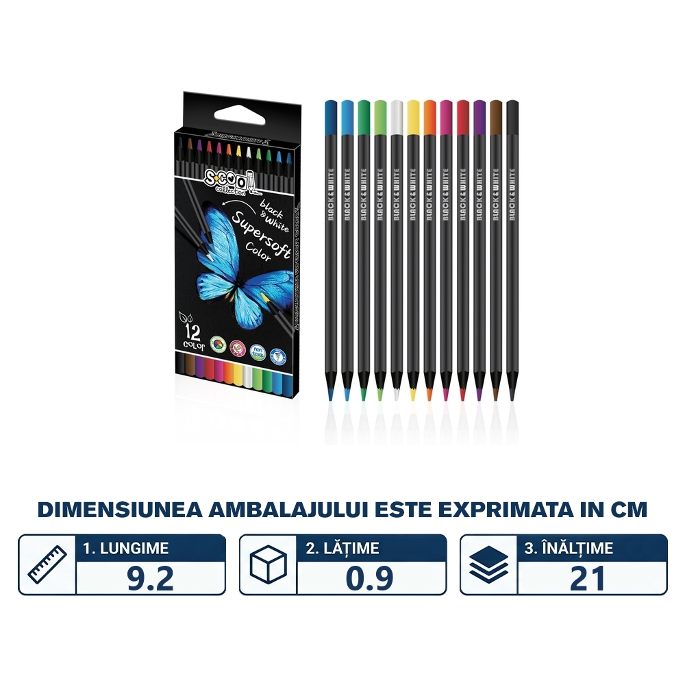 Creioane color super soft, lemn negru, 12 cul/set - S-COOL - imagine 2