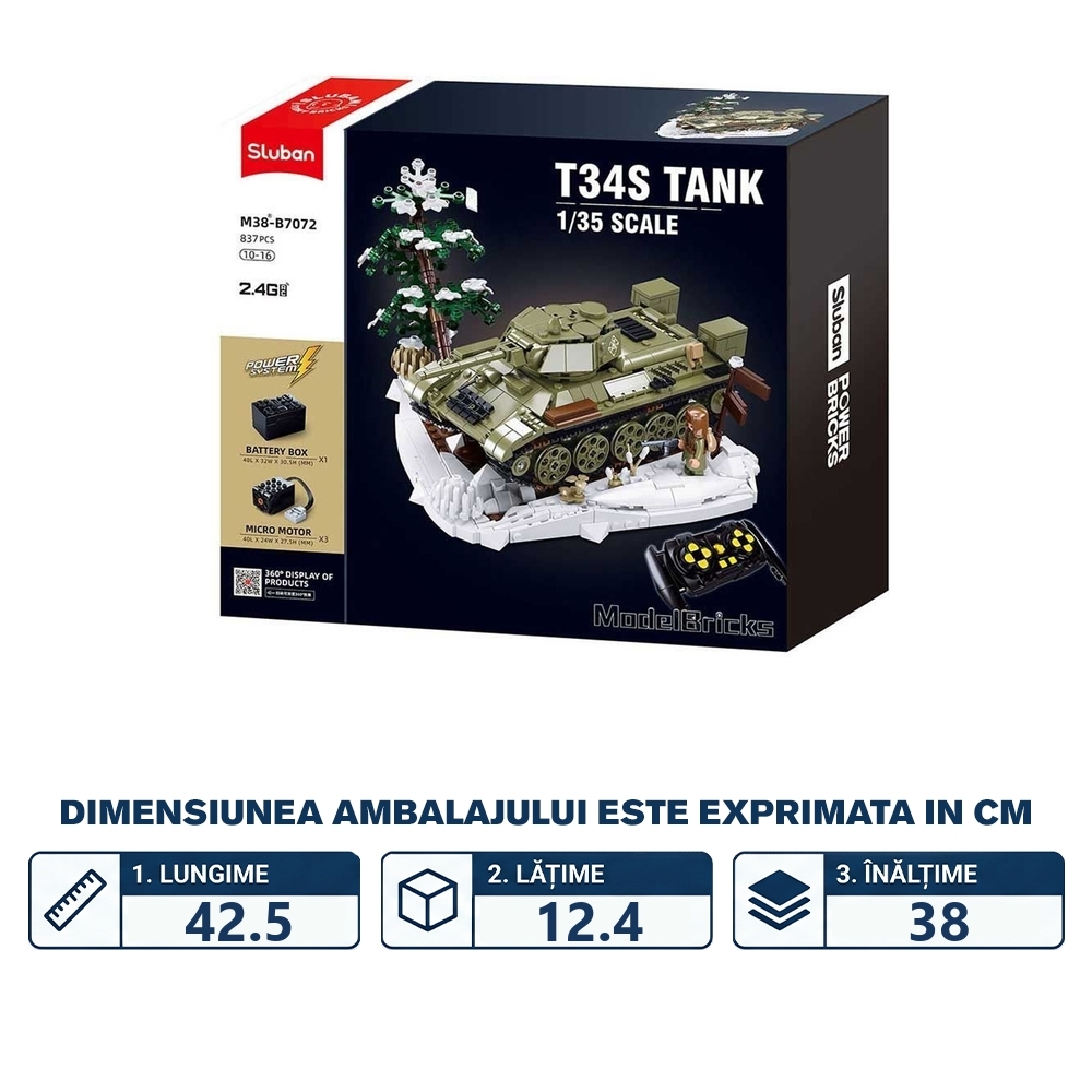 Set de constructie Power Bricks, 837 piese, Tanc cu radiocomanda, T34/76 - Sluban - imagine 2