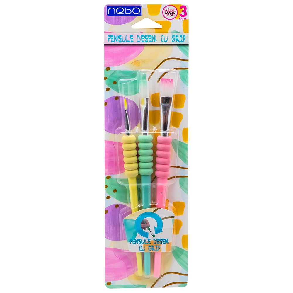 Pensule desen, cu grip, culori pastel, varf tesit, 3 buc/set - NEBO - imagine 3