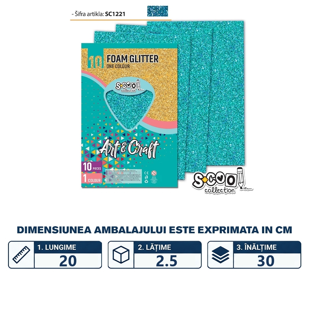 Hartie buretata, glitter, albastru deschis, 10 buc/set, 20x30 cm - S-COOL - imagine 2