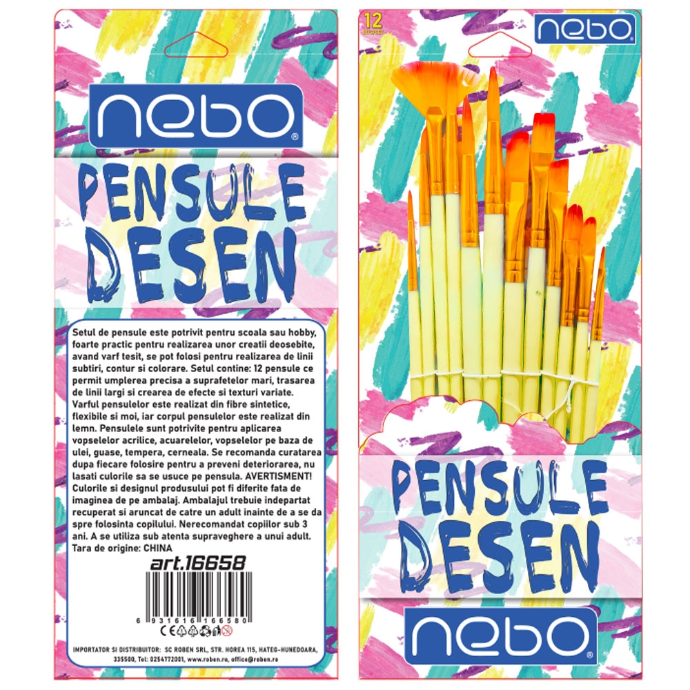 Pensule desen, culori pastel, mix, 12 buc/set - NEBO - imagine 4