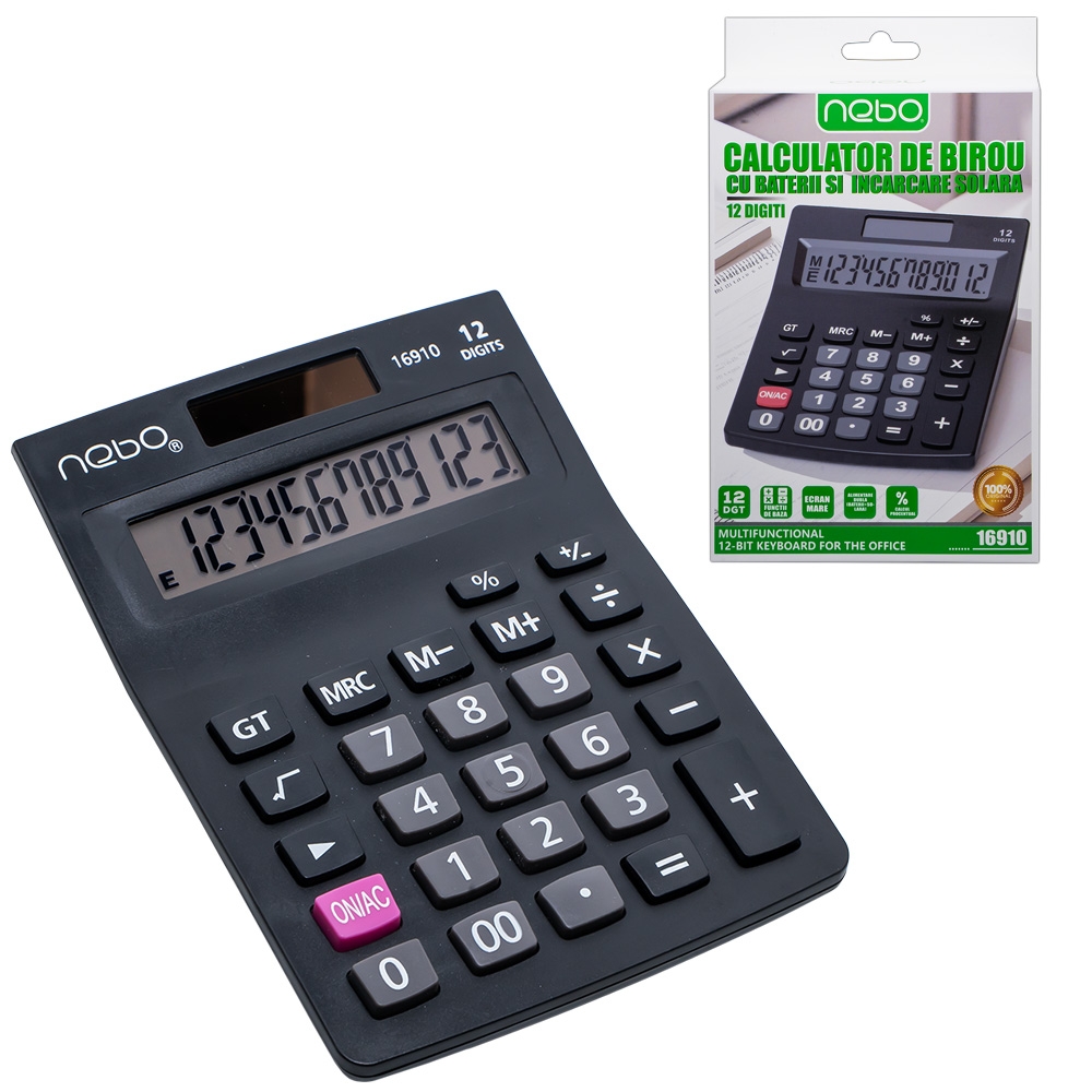 Calculator de birou, 12 digiti, cu baterii si incarcare solara - NEBO - imagine 4