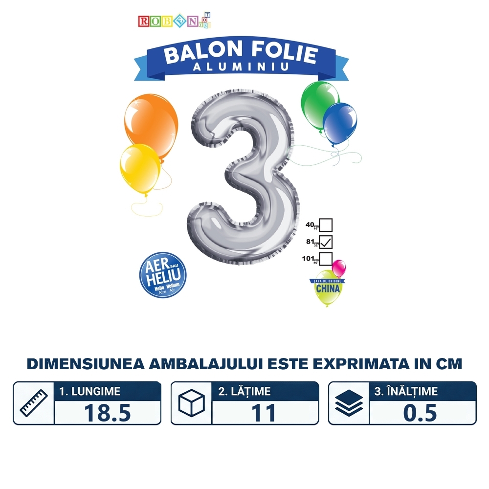 Balon, folie aluminiu, argintiu, cifra 3, 81 cm - imagine 2