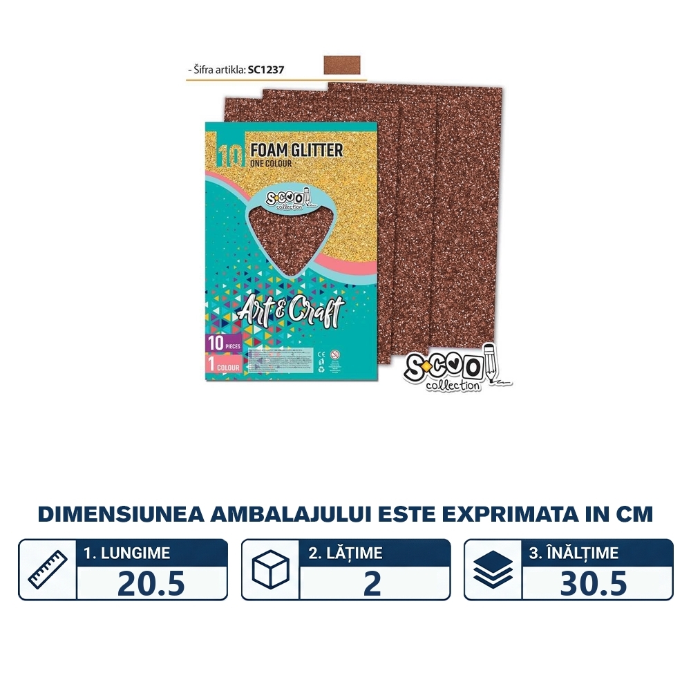 Hartie buretata, adeziva, glitter, maro 10 buc/set, 20x30 cm - S-COOL - imagine 2