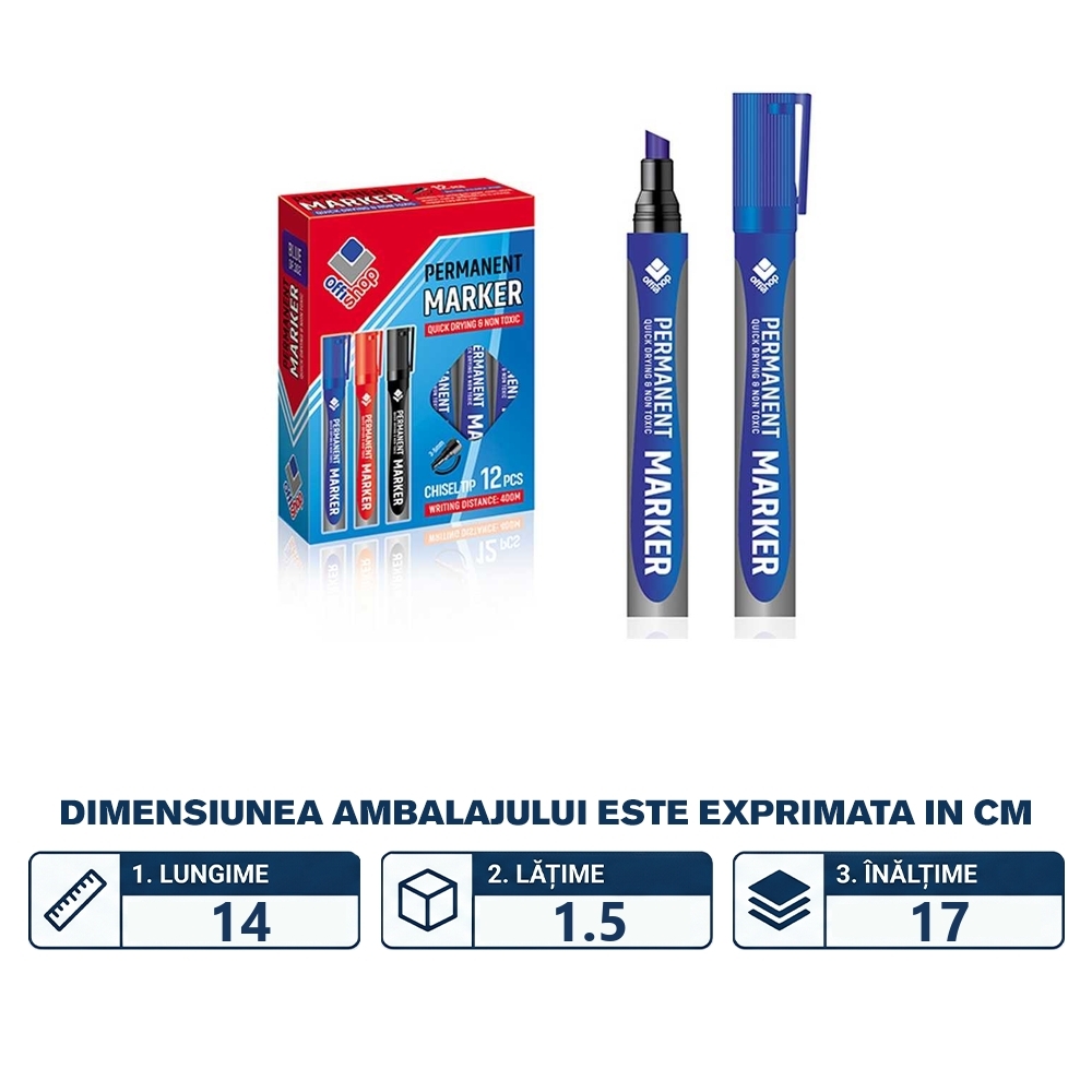 Marker permanent, tesit, albastru, 12 buc/set - OFFISHOP - imagine 2