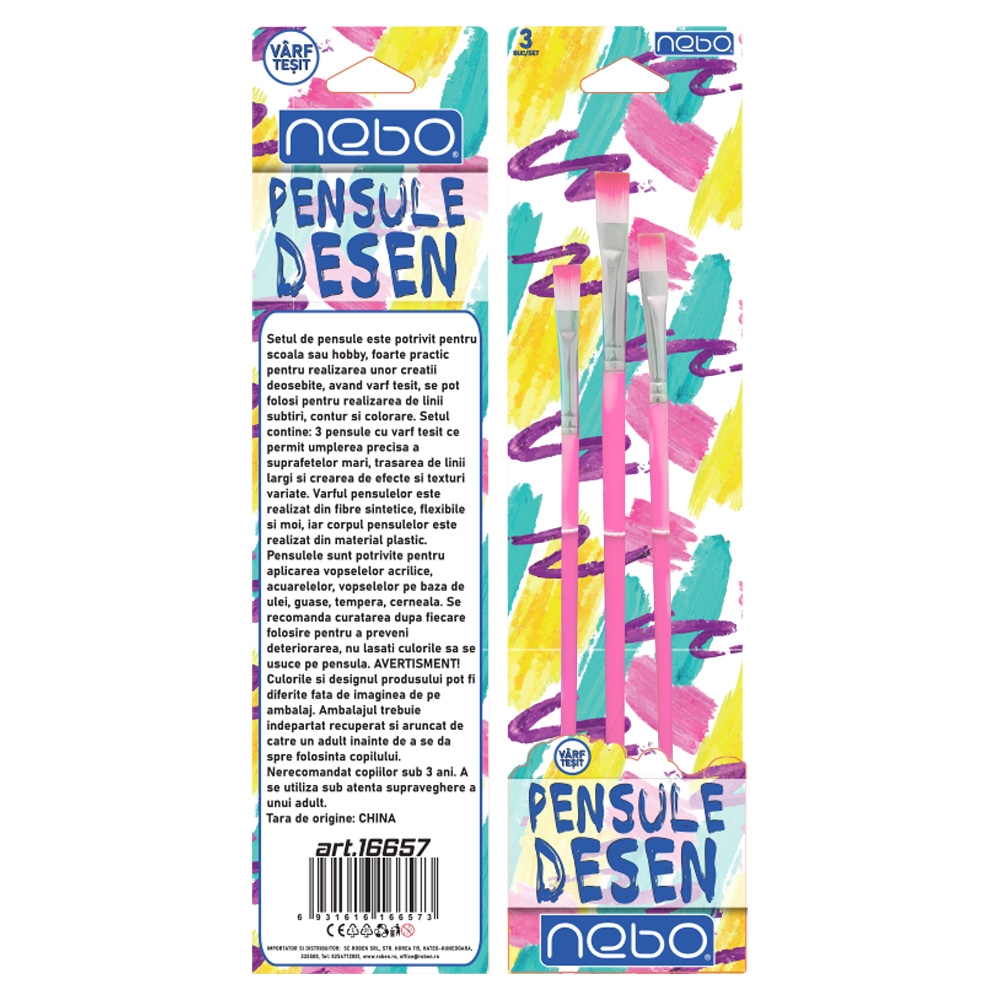 Pensule desen, culori pastel, varf tesit, 3 buc/set - NEBO - imagine 4