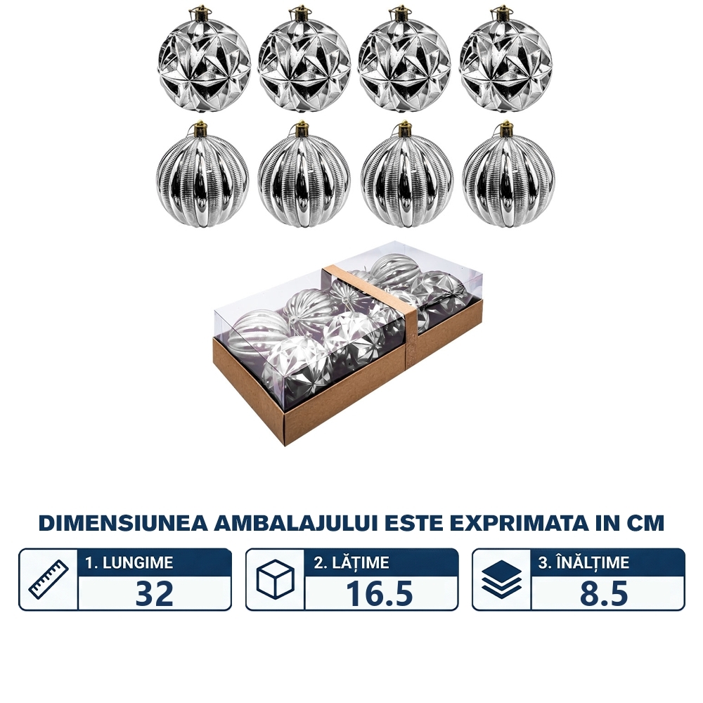 Globuri pom Craciun, argintii 8 buc/set - imagine 2
