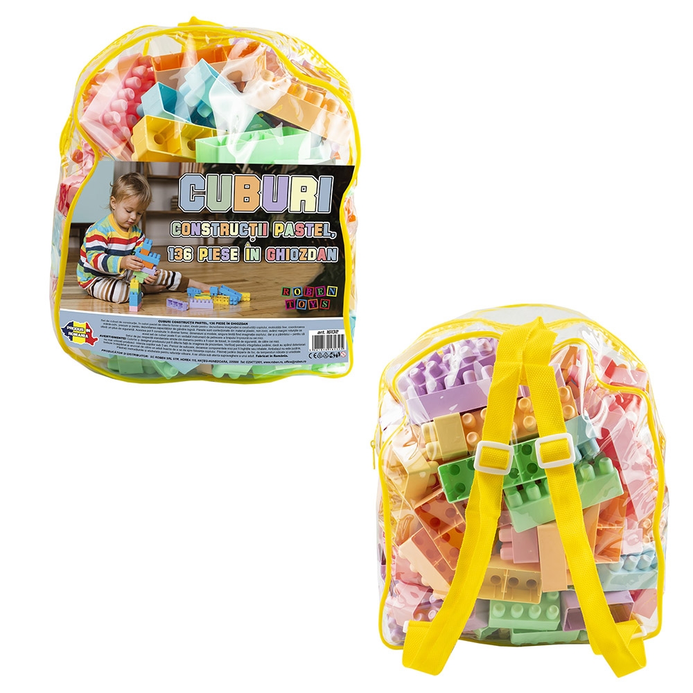 Cuburi constructii, pastel, 136 piese/ghiozdan - ROBENTOYS - imagine 4