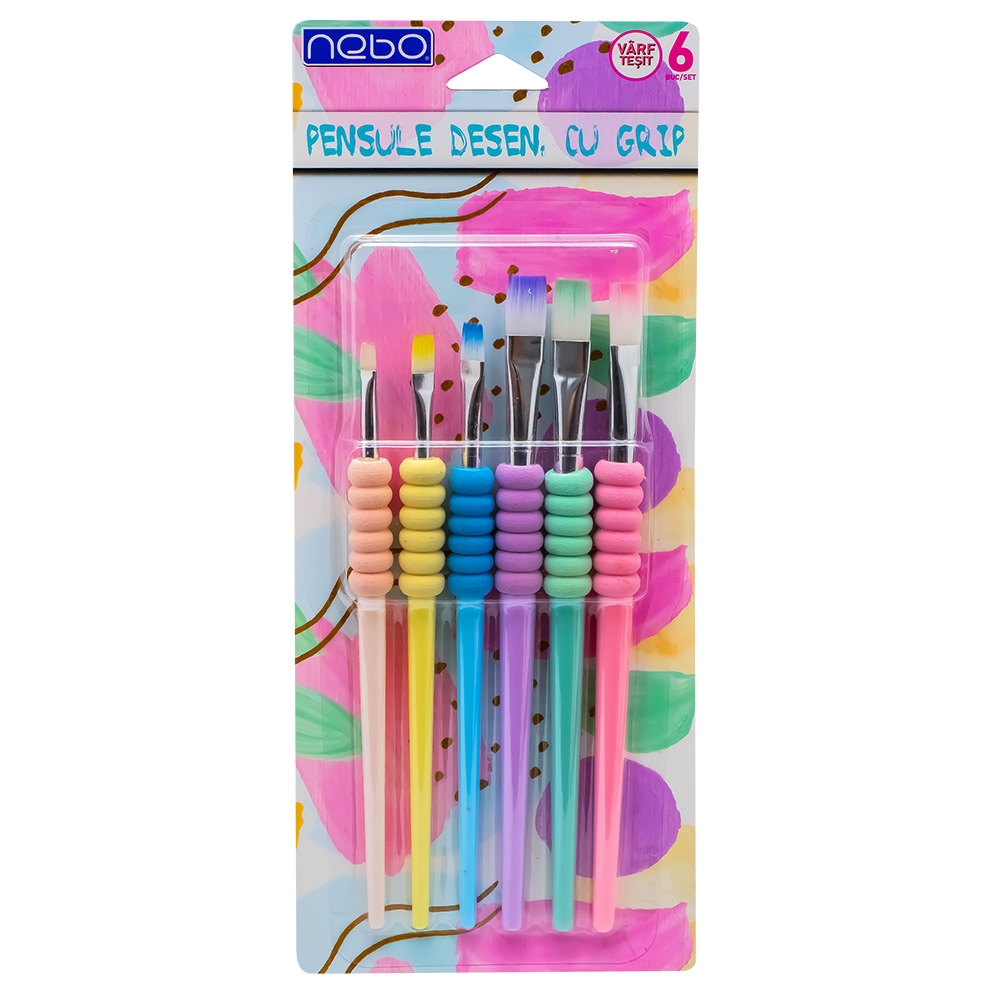 Pensule desen, cu grip, culori pastel, varf tesit, 6 buc/set - NEBO - imagine 3