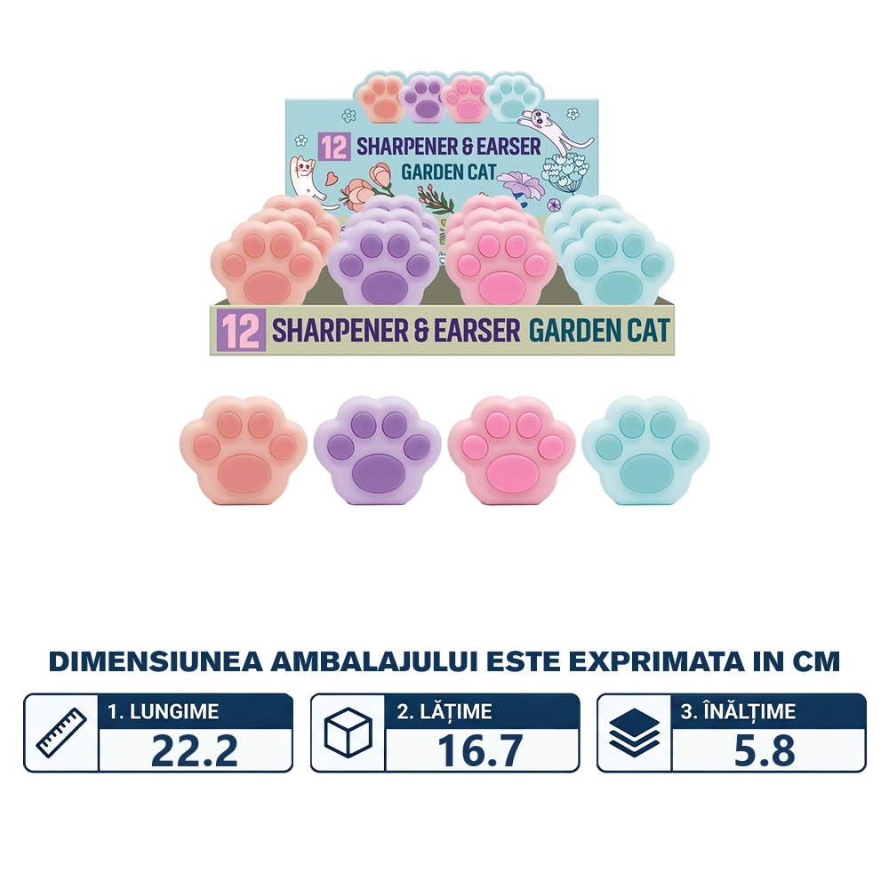 Ascutitoare dubla cu container+Radiera, Labuta, 12buc/display - S-COOL - imagine 2