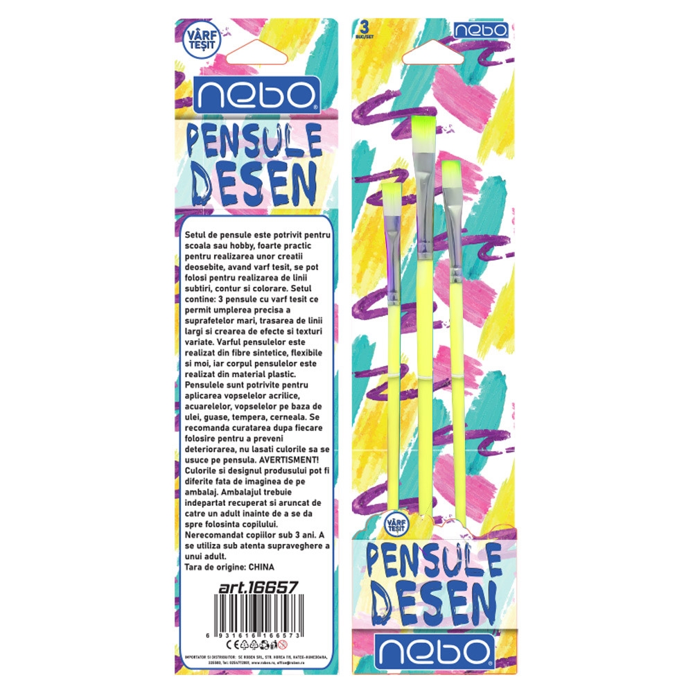 Pensule desen, culori pastel, varf tesit, 3 buc/set - NEBO - imagine 6