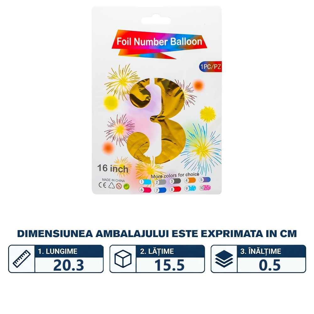 Balon, folie aluminiu, Auriu, cifra 3, 40 cm - imagine 2