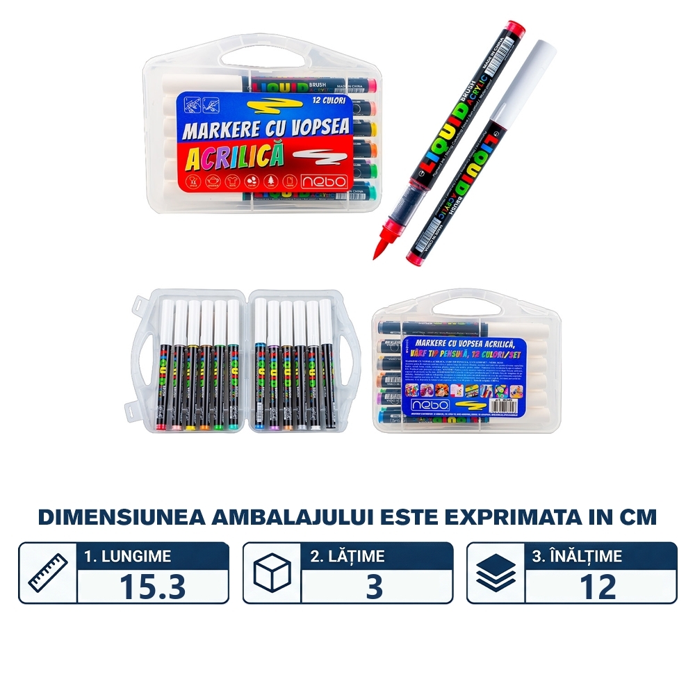 Markere cu vopsea acrilica, varf tip pensula, 12C - NEBO - imagine 2
