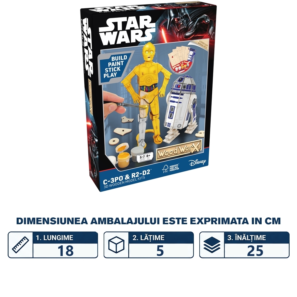 Star Wars - Macheta de asamblat, C-3PO & R2D2, 110+ piese din lemn - WOOD WORX - imagine 2
