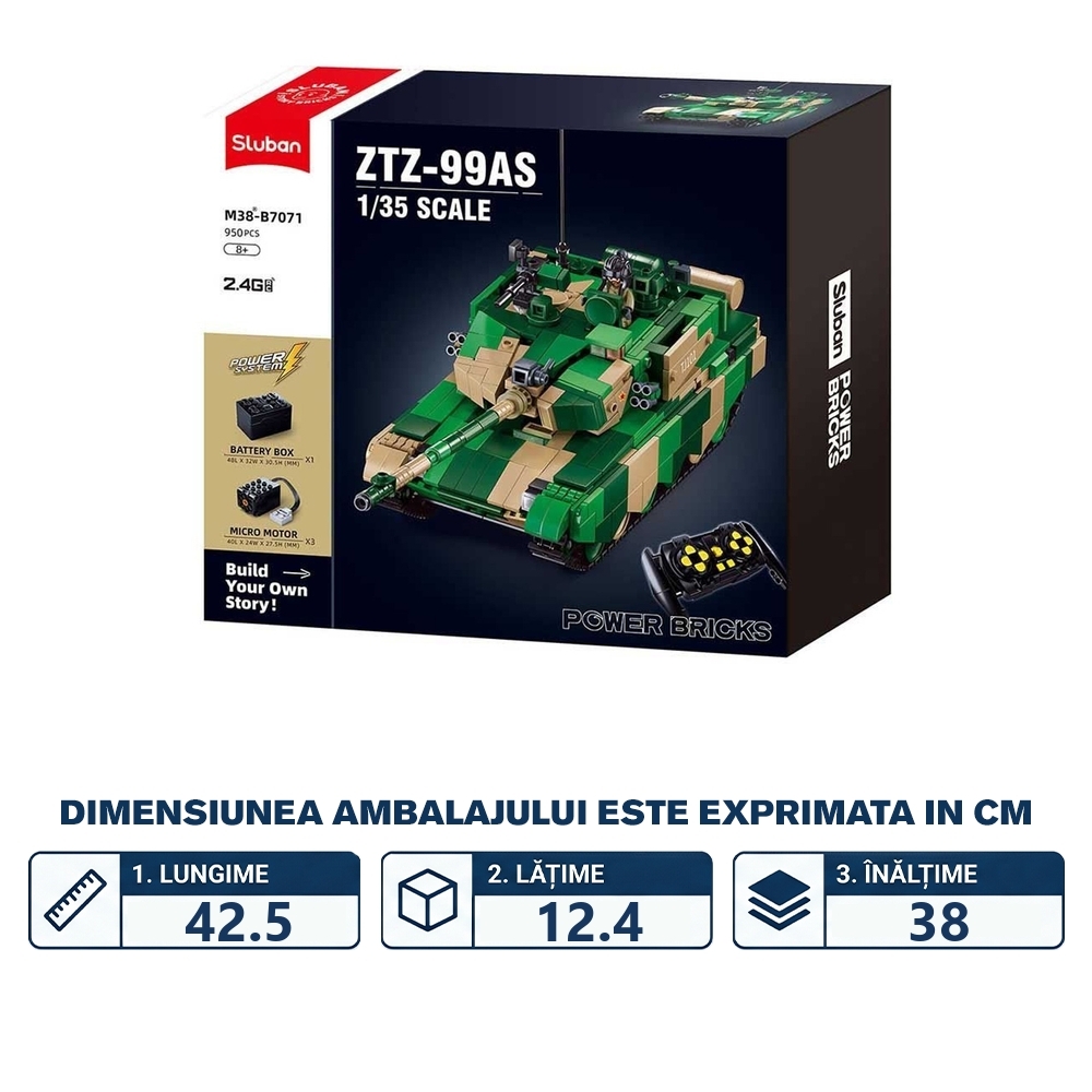 Set de constructie Power Bricks, 950 piese, Tanc cu radiocomanda, ZTZ-99AS - Sluban - imagine 2