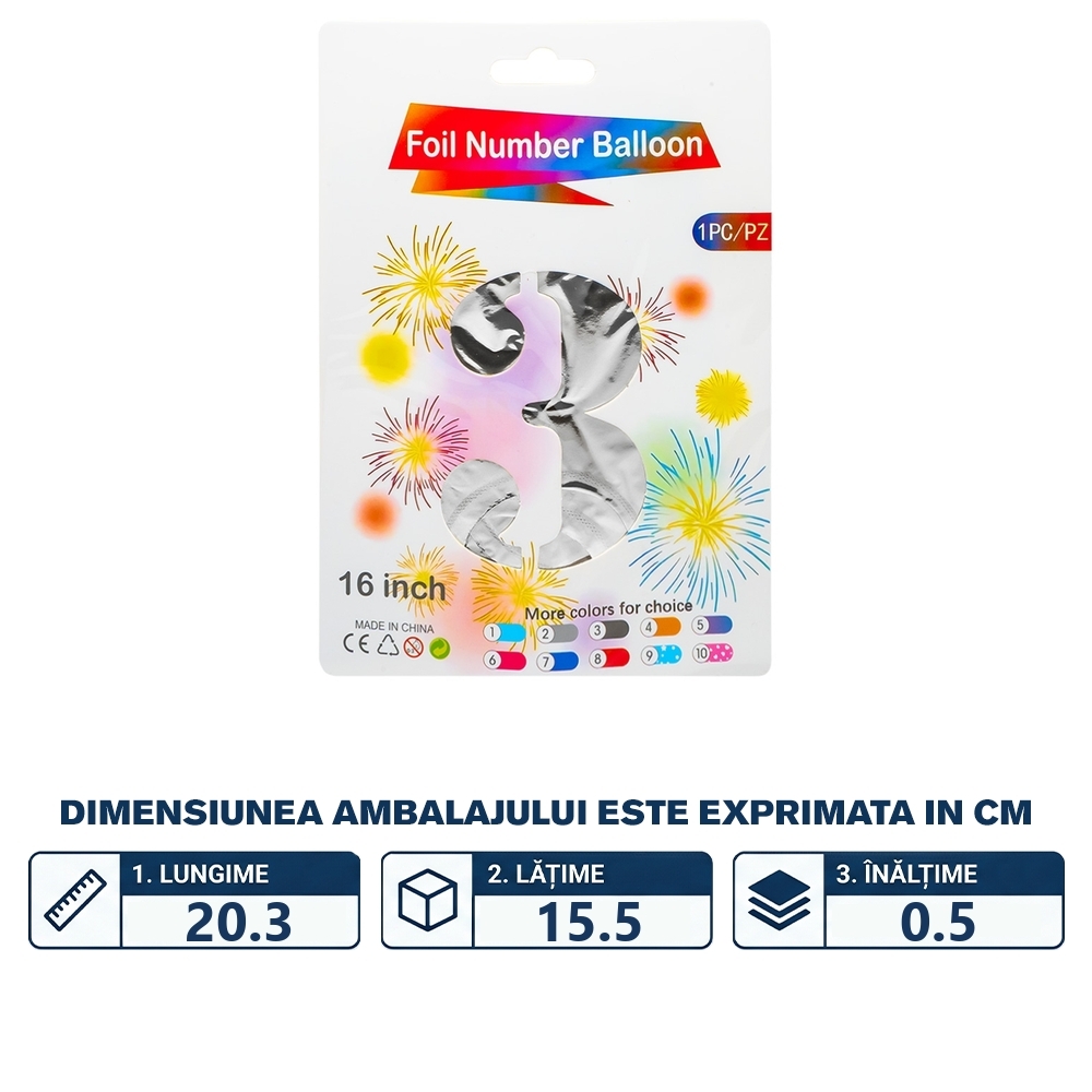Balon, folie aluminiu, Argintiu, cifra 3, 40 cm - imagine 2