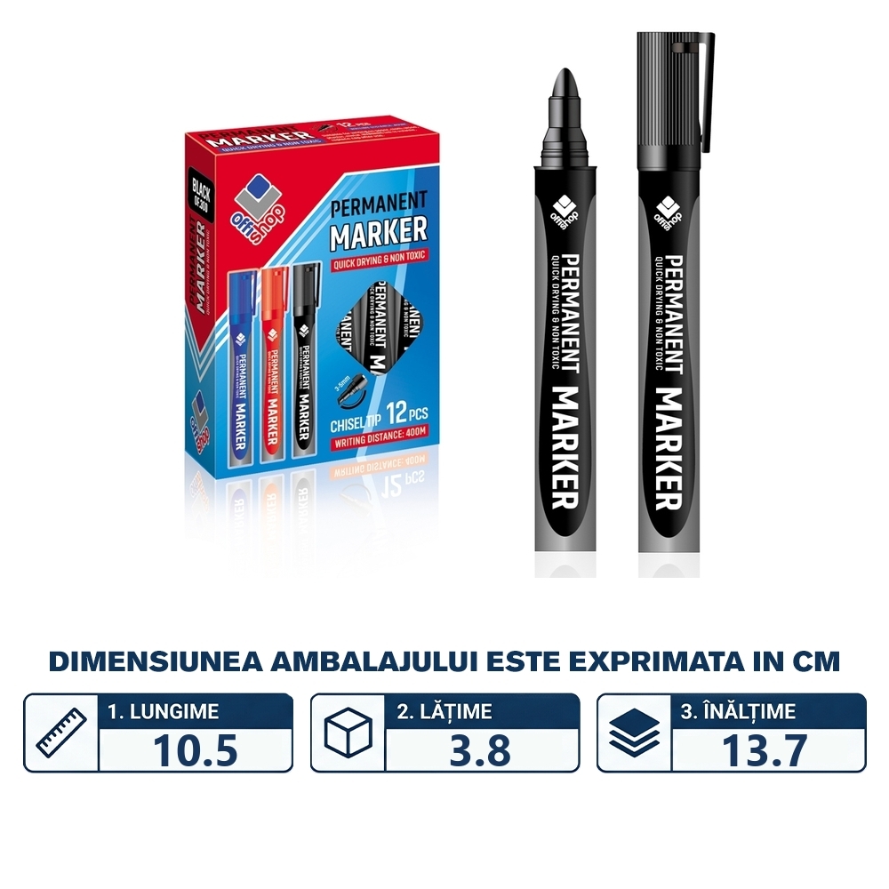 Marker permanent negru, 2-4 mm, 12 buc/set - OFFISHOP - imagine 2