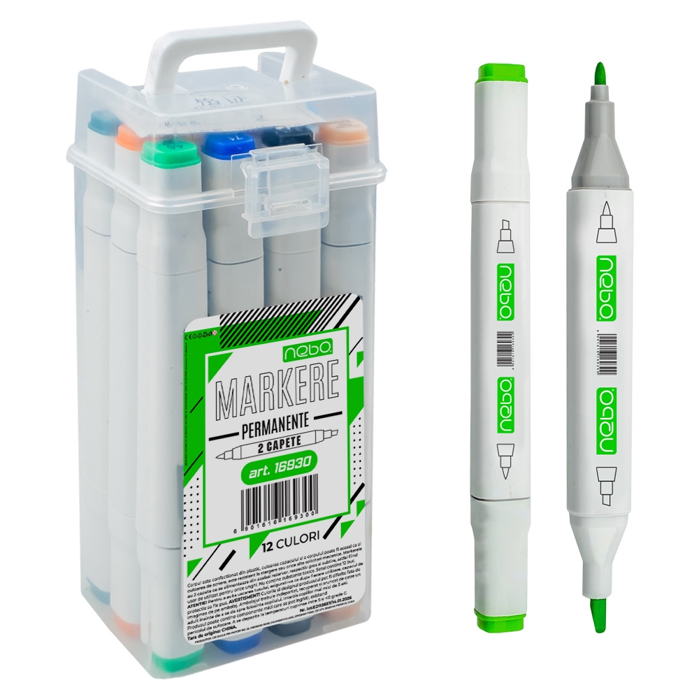 Marker permanent, cu 2 capete, 12 buc/set - NEBO