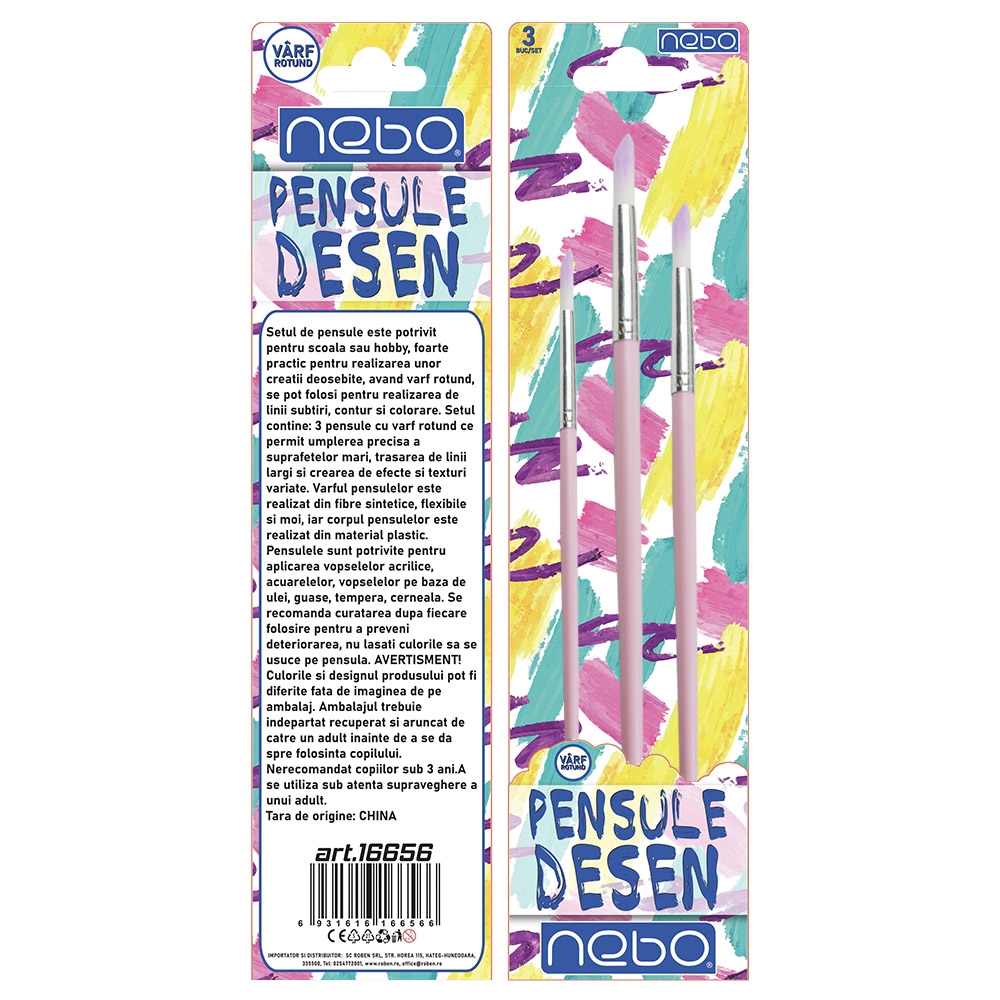 Pensule desen, culori pastel, varf rotund, 3 buc/set - NEBO - imagine 3