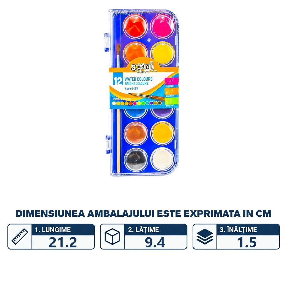 Acuarele, 12 culori, 28 mm , pensula - S-COOL - imagine 2