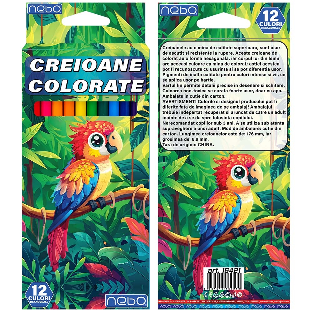 Creioane color, hexagonale, 12 culori - NEBO