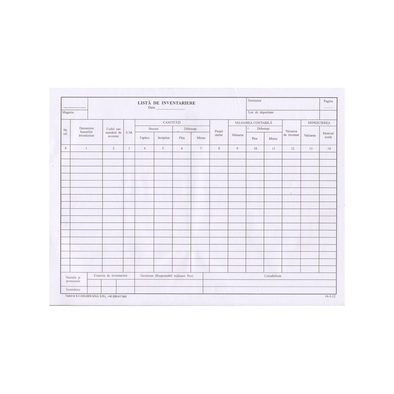 Lista de inventar A4, 100 file, orizontala/verticala