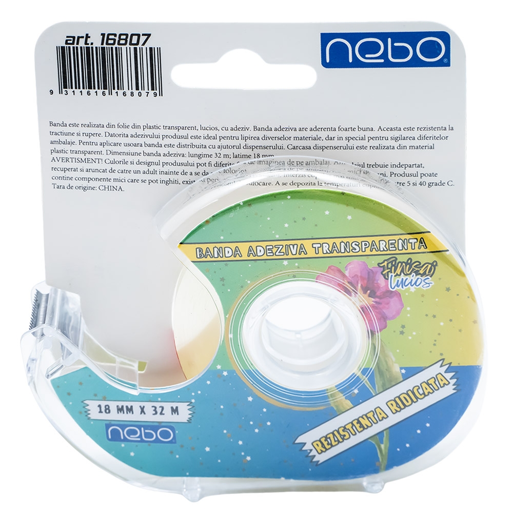 Banda adeziva transparenta, cu dispenser, 18mmx32m - NEBO - imagine 3